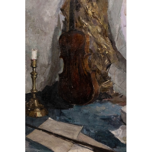 22 - A Russian Oil on Canvas Still Life with Violin, Candle and Sheet Music by Sergei Menikov.

A Russian... 
