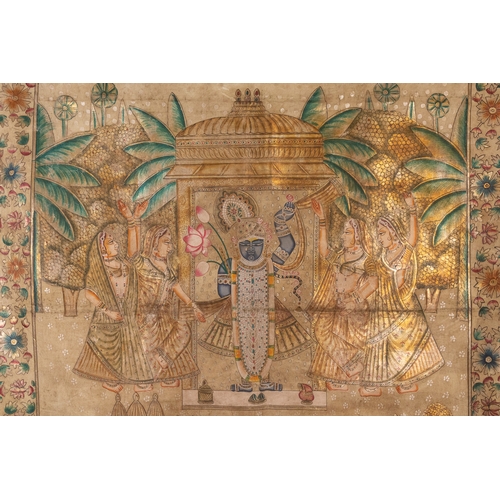 93 - An Indian Devotional Painting of Krishna with Gopis beneath a Pavilion, 19th-20th Century.

A finely... 