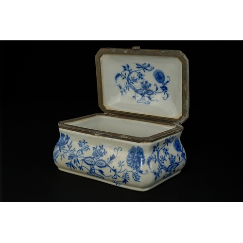 48 - A German Meissen-Style Blue and White Porcelain Lidded Box with White Metal Mounts, Late 19th-Early ... 