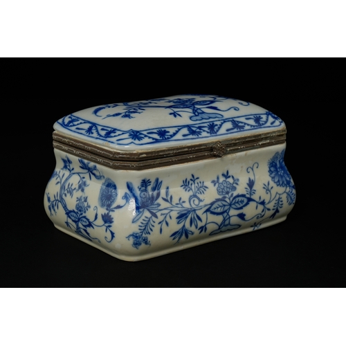 48 - A German Meissen-Style Blue and White Porcelain Lidded Box with White Metal Mounts, Late 19th-Early ... 