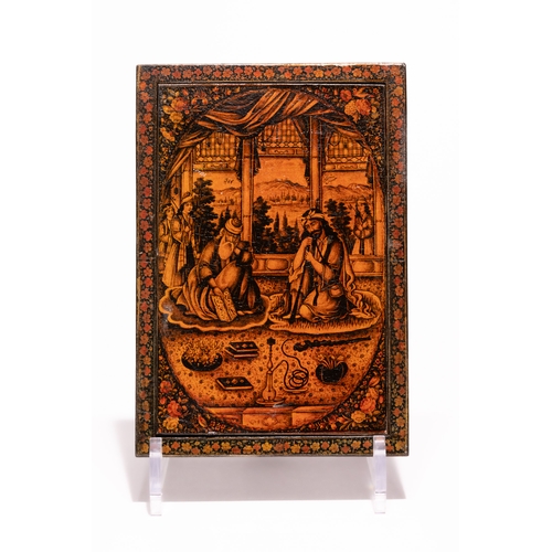 36 - A Qajar Lacquer Mirror Case with Figural and Floral Decoration, 19th-20th Century.

Of rectangular f... 