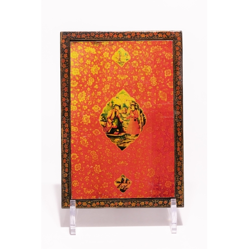 36 - A Qajar Lacquer Mirror Case with Figural and Floral Decoration, 19th-20th Century.

Of rectangular f... 
