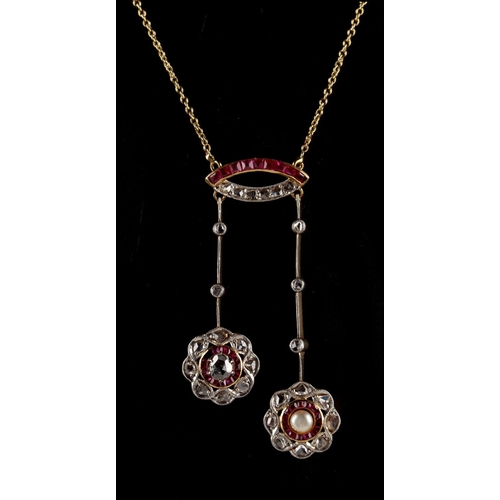 175 - An attractive yellow gold ruby diamond & pearl tassel necklace, 17.75ins. (45cms.) long (see illustr... 