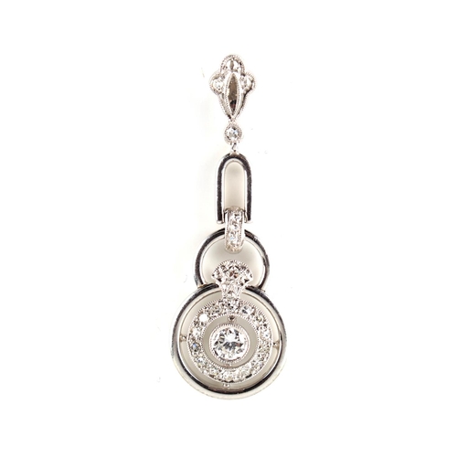 187 - An Art Deco style 14ct white gold diamond pendant, 1.25ins. (3.2cms.) long (overall) (see illustrati... 