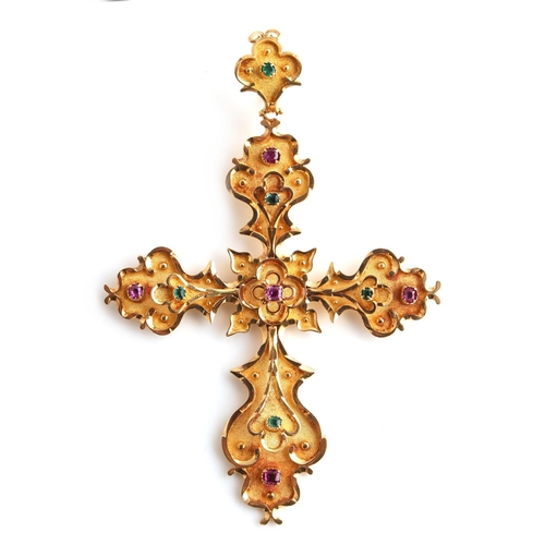 195 - A large unmarked yellow gold ruby & emerald cross or crucifix pendant, 3.5ins. (9cms.) long, approxi... 