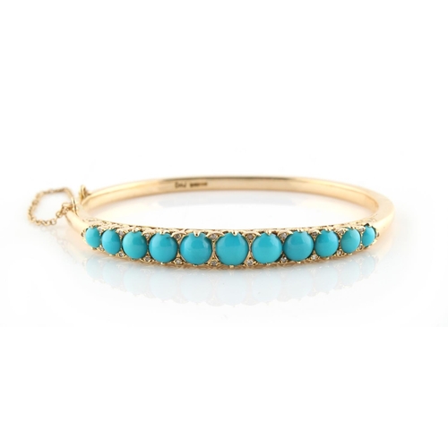 196 - A Victorian 14ct yellow gold turquoise & diamond hinged bangle, of good grade, with safety chain, ap... 