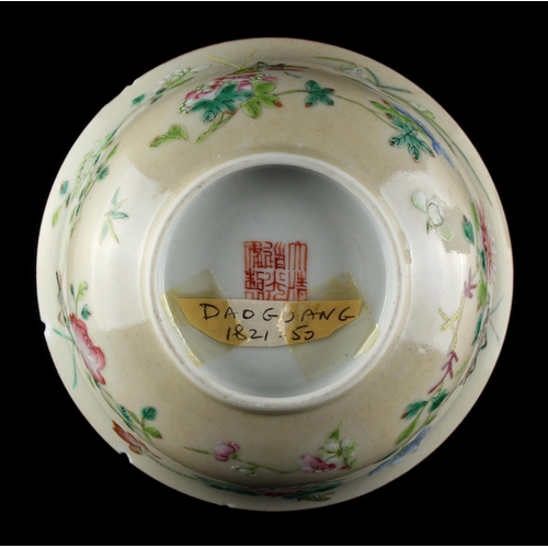 255 - Property of a lady - a Chinese famille rose cricket bowl, painted with crickets & flowers on a pale ... 