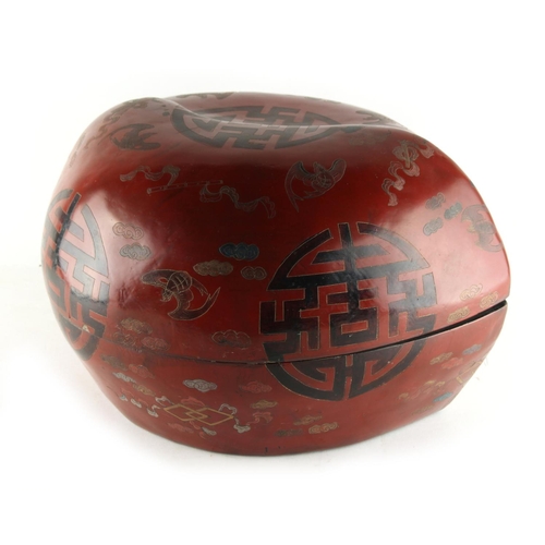 295 - A large Chinese lacquer peach shaped box, decorated with shou characters, bats & precious objects, 1... 