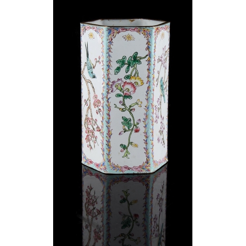 306 - Property of a lady - a Chinese Canton enamel hexagonal vase, decorated with birds among flowering sh... 