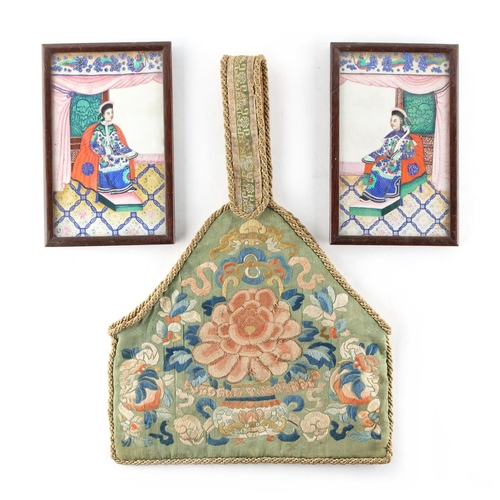 307 - Property of a lady - a Chinese embroidered pale green silk handbag, 11.5ins. (29cms.) wide; together... 