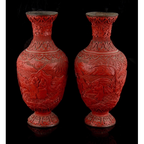 308 - Property of a lady - a pair of Chinese cinnabar lacquer vases, late 19th / early 20th century, damag... 