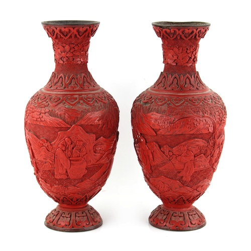 308 - Property of a lady - a pair of Chinese cinnabar lacquer vases, late 19th / early 20th century, damag... 