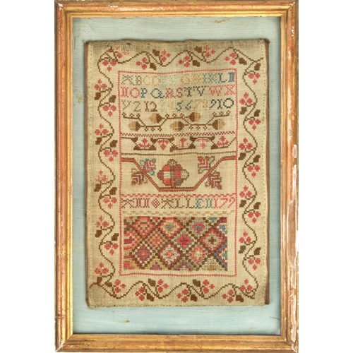 35 - Property of a lady - a late 18th century sampler, mounted in a later glazed gilt frame, 14.75 by 10.... 