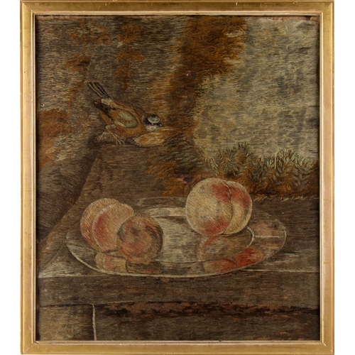 37 - Property of a lady - a 19th century silkwork picture depicting a bird & three peaches on a tray, 16.... 