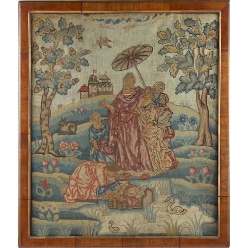 39 - Property of a lady - a 19th century petit point woolwork picture depicting Moses in the basket, 20.5... 