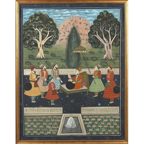 42 - Property of a lady - a large Indian gouache painting depicting figures on a terrace, in gilt frame, ... 