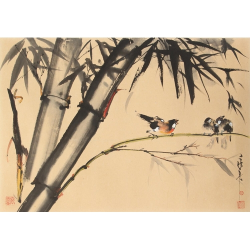 473 - Property of a lady - a Chinese scroll painting on paper depicting two birds among bamboo, mid 20th c... 