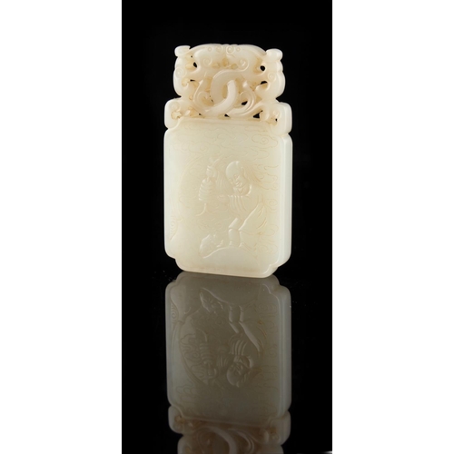 477 - A very good Chinese carved white jade rectangular plaque, carved to one side with a figure of Liu Ha... 