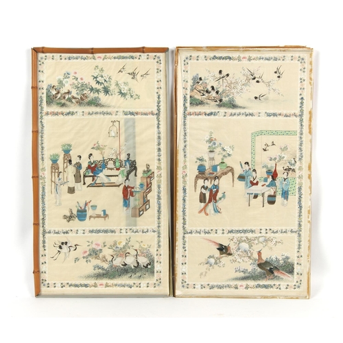 481 - A good pair of Chinese paintings on silk, early 20th century, each with a central panel depicting la... 