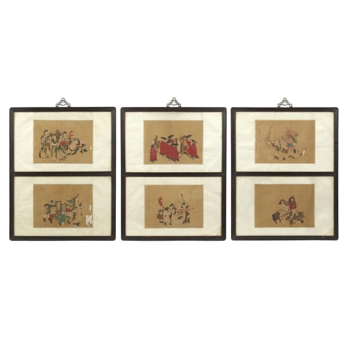 482 - A set of six Chinese paintings on silk depicting Chinese figures & foreigners, 18th century, each pa... 