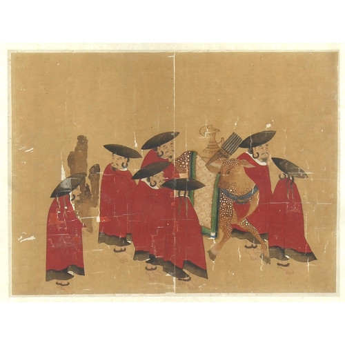 482 - A set of six Chinese paintings on silk depicting Chinese figures & foreigners, 18th century, each pa... 