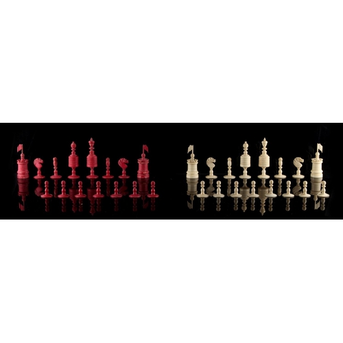 60 - Property of a gentleman - a 19th century English bone 'Old English' pattern chess set, one red pawn ... 