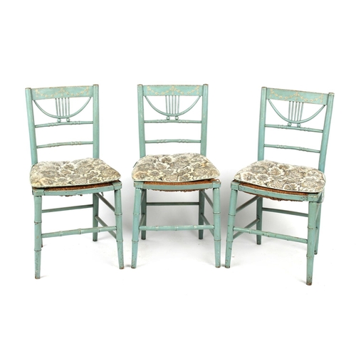 74 - Property of a lady - a set of three 19th century pale blue painted rush seated side chairs (3) (see ... 