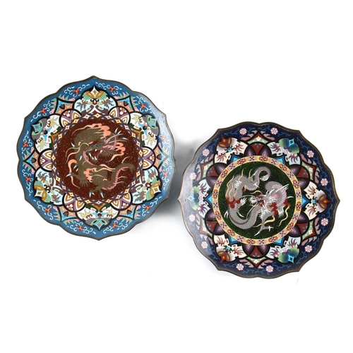 9 - A pair of Japanese cloisonne barbed circular plates, circa 1900, each decorated with a central drago... 