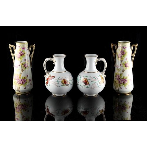 96 - Property of a lady - a pair of Victorian pottery vases painted with butterflies, each 7.9ins. (20cms... 