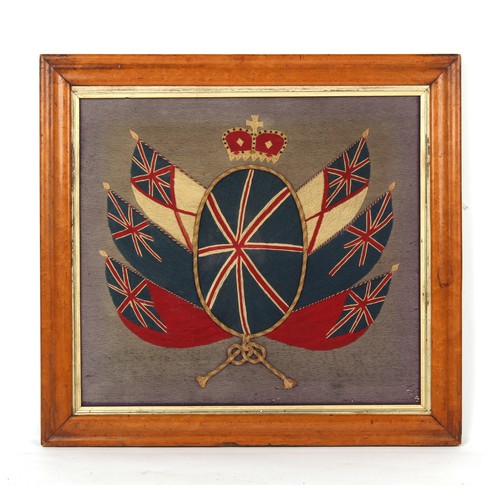 57 - Property of a gentleman - militaria - a 19th century woolwork military coat of arms, in glazed maple... 