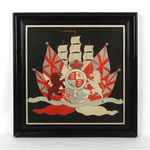 56 - Property of a gentleman - Royal Navy interest - a 19th century silkwork military naval coat of arms,... 