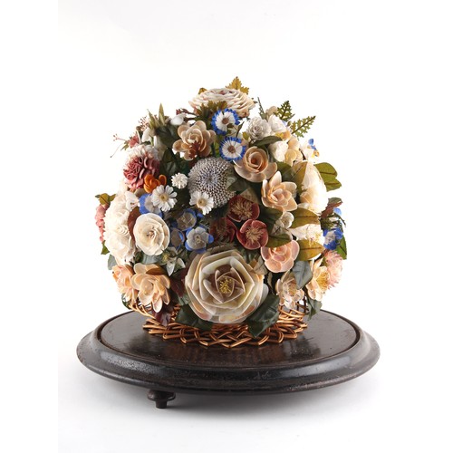 98 - Property of a gentleman - a Victorian shell centrepiece modelled as a basket of flowers, under glass... 