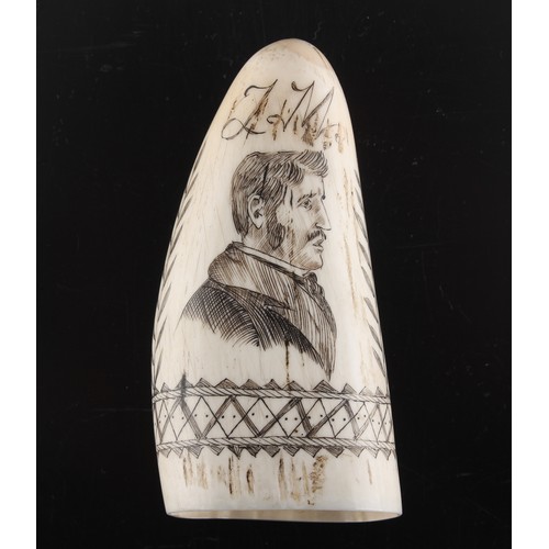 101 - Property of a gentleman - a scrimshaw whale's tooth, incised with a three masted sailing warship to ... 