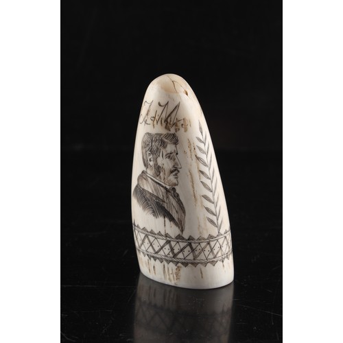 101 - Property of a gentleman - a scrimshaw whale's tooth, incised with a three masted sailing warship to ... 