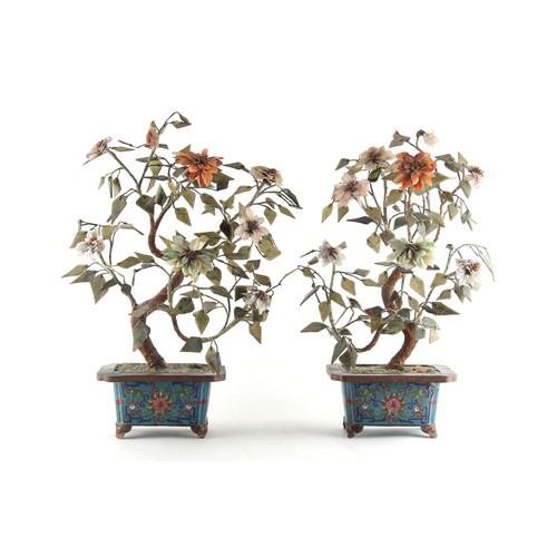 113 - Property of a lady - a pair of Chinese cloisonne & hardstone models of trees, early 20th century, ea... 