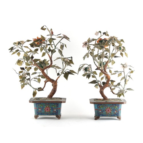 113 - Property of a lady - a pair of Chinese cloisonne & hardstone models of trees, early 20th century, ea... 