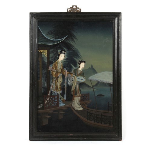 133 - Property of a lady - a 19th century Chinese reverse painting on glass depicting two ladies boarding ... 