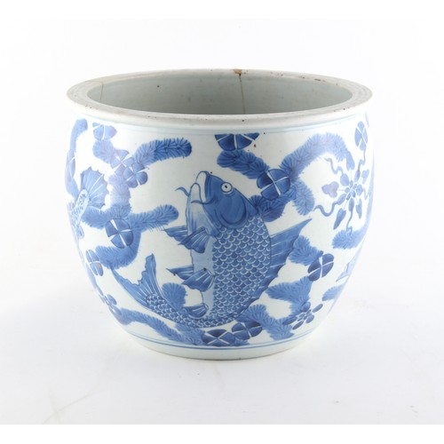 48 - Property of a lady - a 19th century Chinese blue & white fish bowl planter, painted with a continuou... 