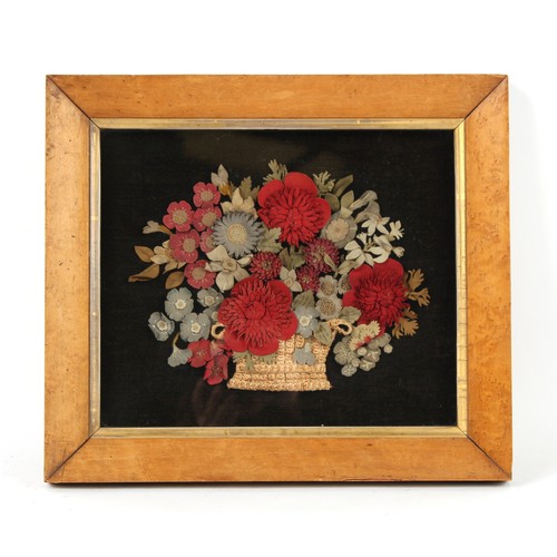 328 - Property of a gentleman - a 19th century felt work picture depicting a basket of flowers, in glazed ... 