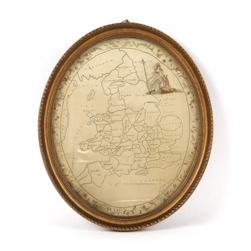 329 - Property of a gentleman - a 19th century silkwork map of England & Wales, in glazed gilt oval frame,... 