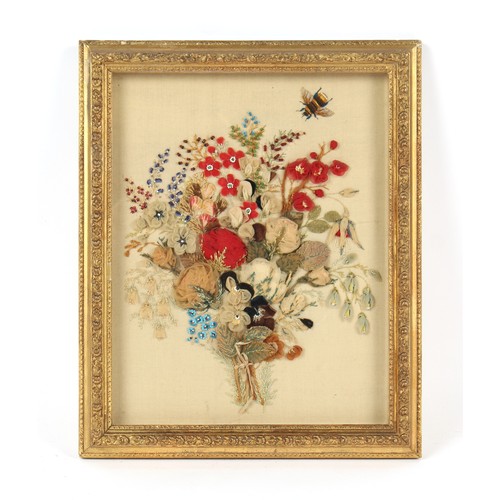 335 - Property of a gentleman - a silkwork & beadwork relief picture depicting a bee above a bouquet of fl... 