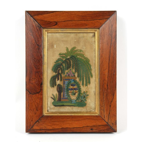 336 - Property of a gentleman - a 19th century bead work picture depicting a palm tree & flowers on a plin... 