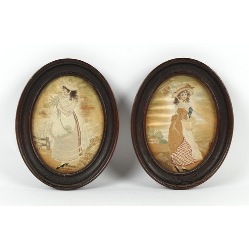 341 - Property of a gentleman - a pair of 19th century silkwork oval pictures depicting country girls, in ... 