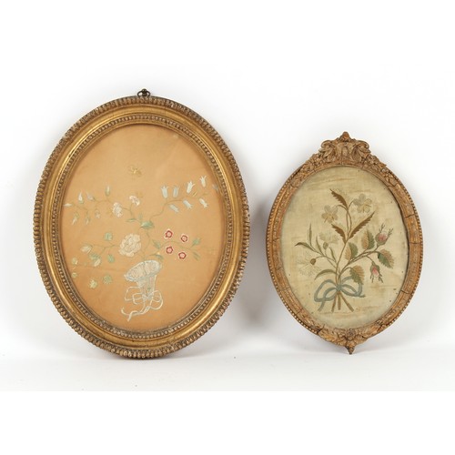 343 - Property of a deceased estate - two silkwork oval pictures depicting flowers, in glazed gilt oval fr... 