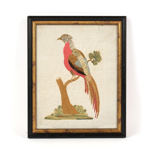 344 - Property of a gentleman - a 19th century silkwork picture depicting a bird perched on a tree stump, ... 