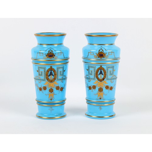 261 - Property of a deceased estate - a pair of Victorian opaque blue glass vases, 11.8ins. (30cms.) high ... 