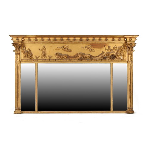 389 - Property of a lady - a 19th century gilt triple plate overmantel mirror, the frieze with applied dec... 