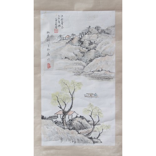 146 - A Chinese scroll painting on paper depicting a mountain lake landscape, probably mid 20th century, w... 