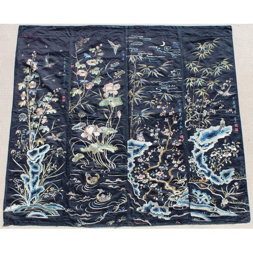 142 - A set of four late 19th / early 20th century Chinese embroidered silk panels depicting pond scenes &... 