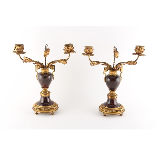 285 - Property of a deceased estate - a pair of ormolu or gilt brass & serpentine marble twin light candel... 